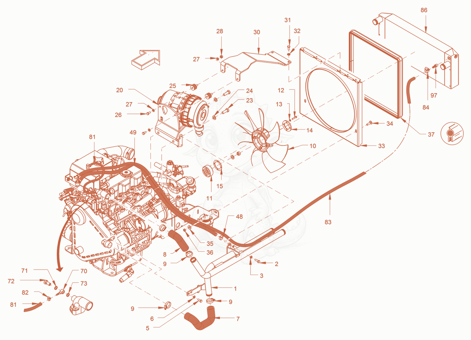 Exploded parts diagram of the cooling of a Wacker Neuson RD24-100O.3, with numbered balloons