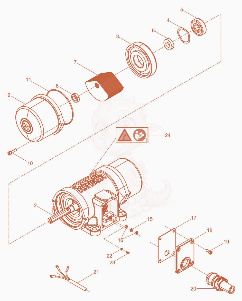 Despiece del External Vibrator cpl. de una máquina Wacker Neuson AR36/3,6/480, con globos numerados