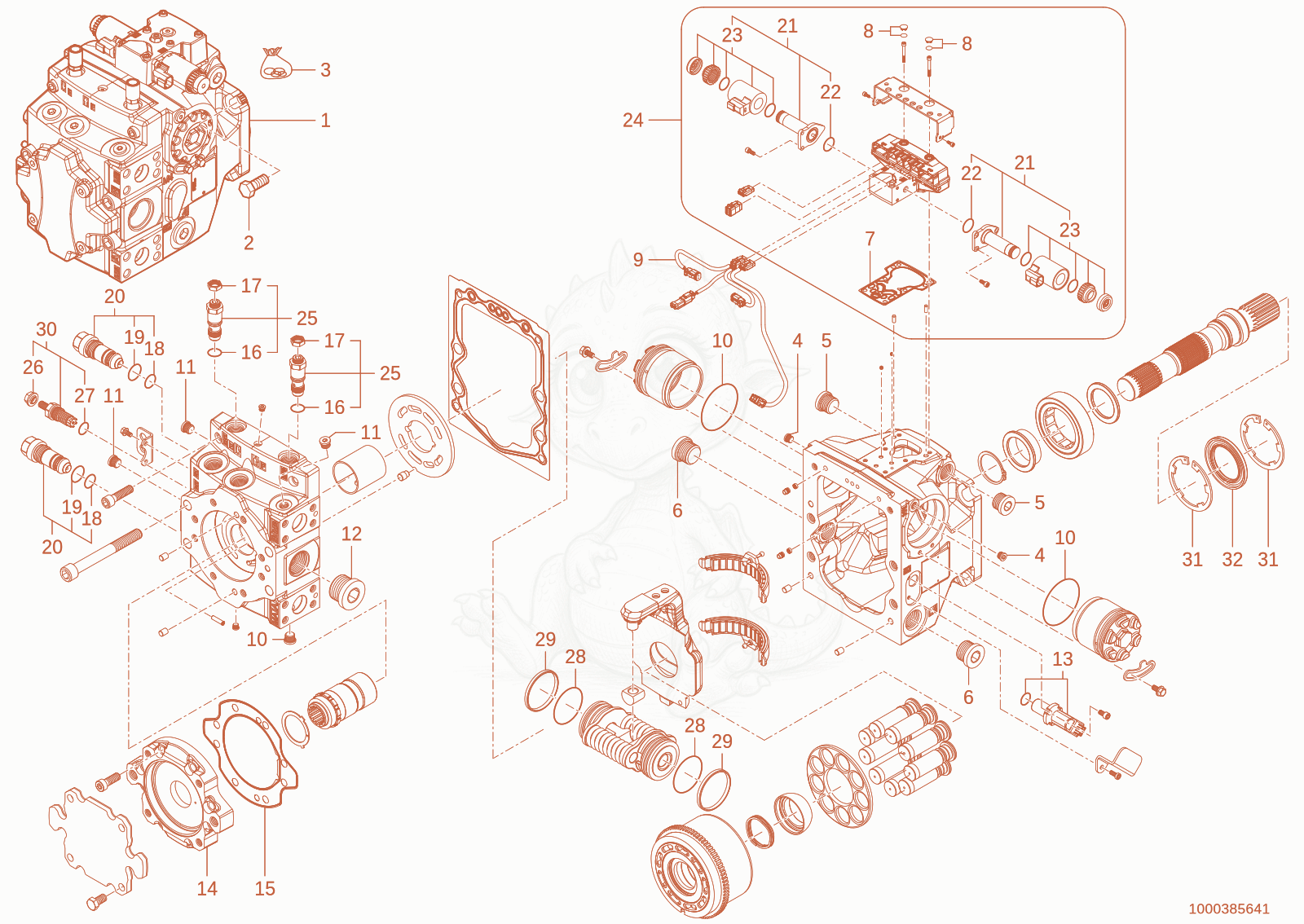 Exploded parts diagram of the hydraulic pump of a Wacker Neuson TH755(416-34), with numbered balloons