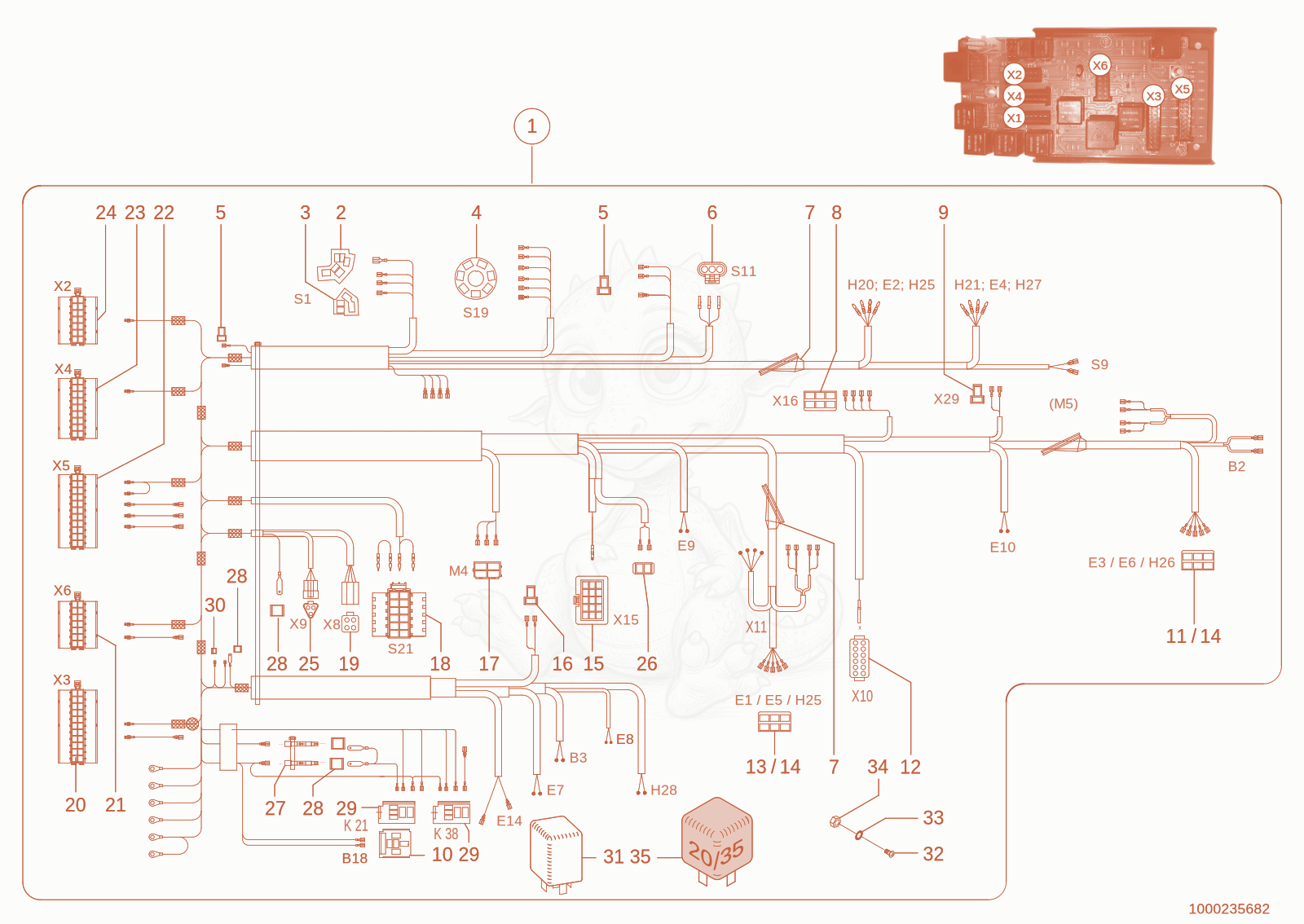Despiece del wiring harness de una máquina Wacker Neuson 1150, con globos numerados