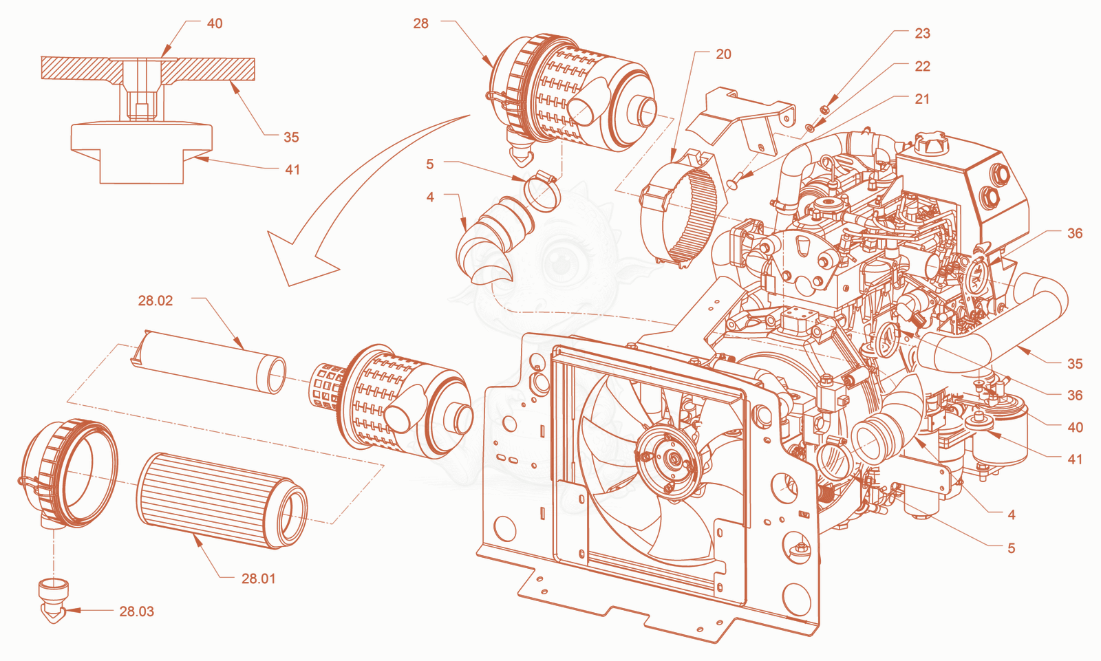 Exploded parts diagram of the air filter system of a Wacker Neuson RD18-100C, with numbered balloons
