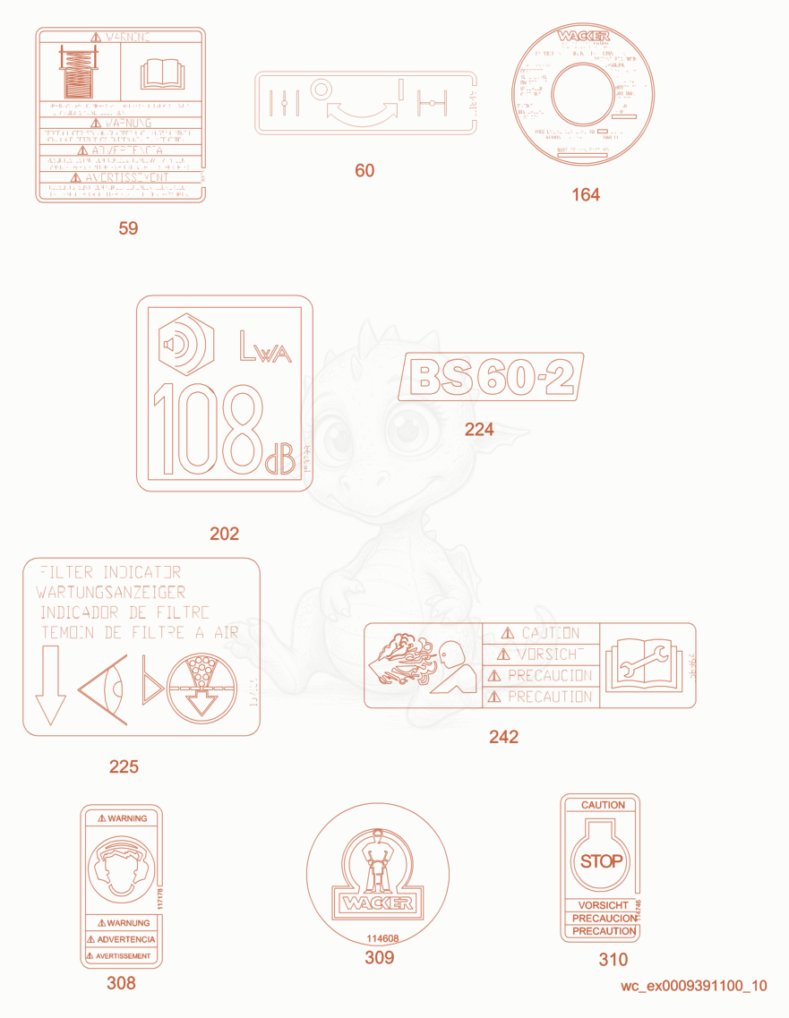 Exploded parts diagram of the Labels of a Wacker Neuson BS60-2, with numbered balloons