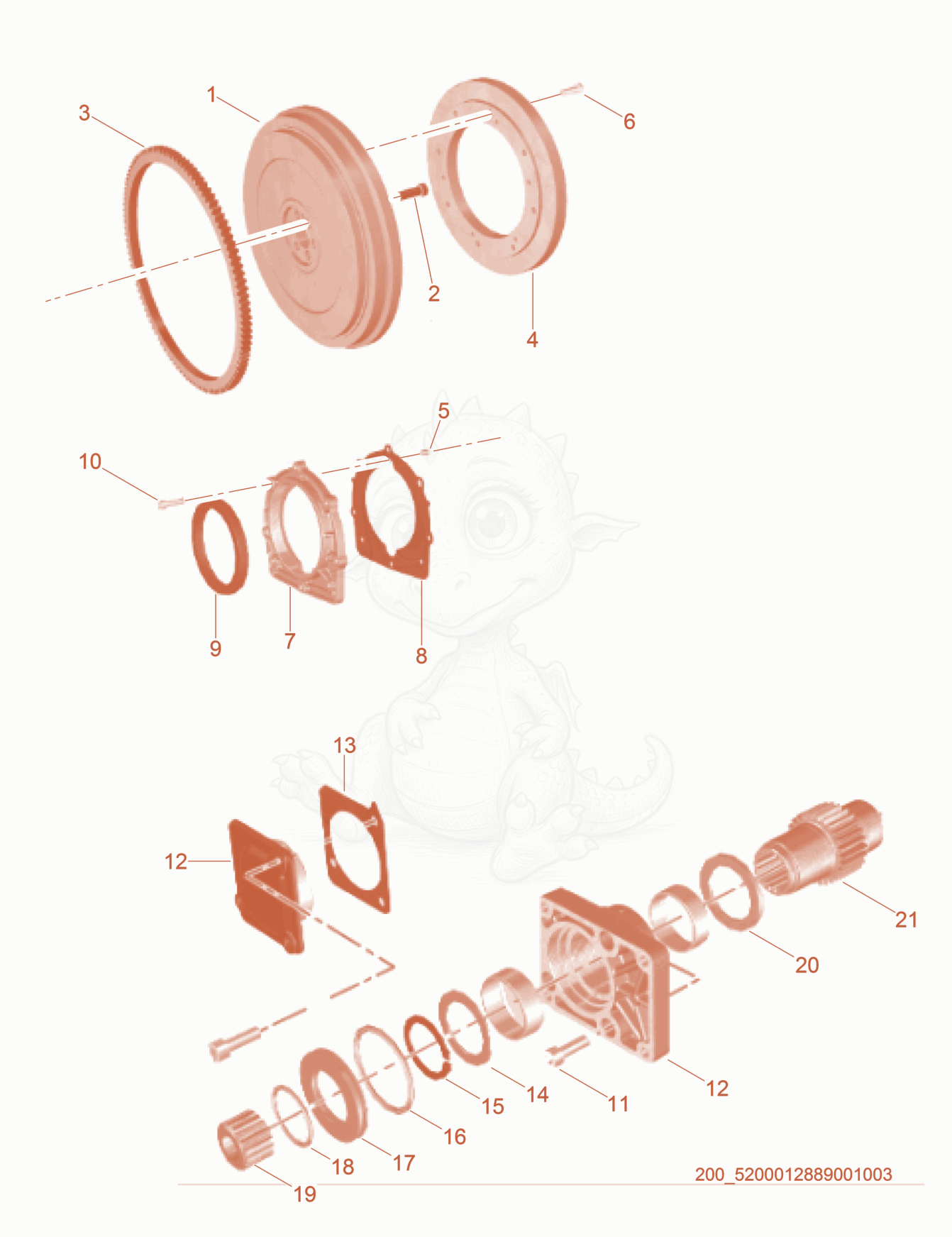 Exploded parts diagram of the Flywheel cpl. of a Wacker Neuson CRT60-74LX, with numbered balloons