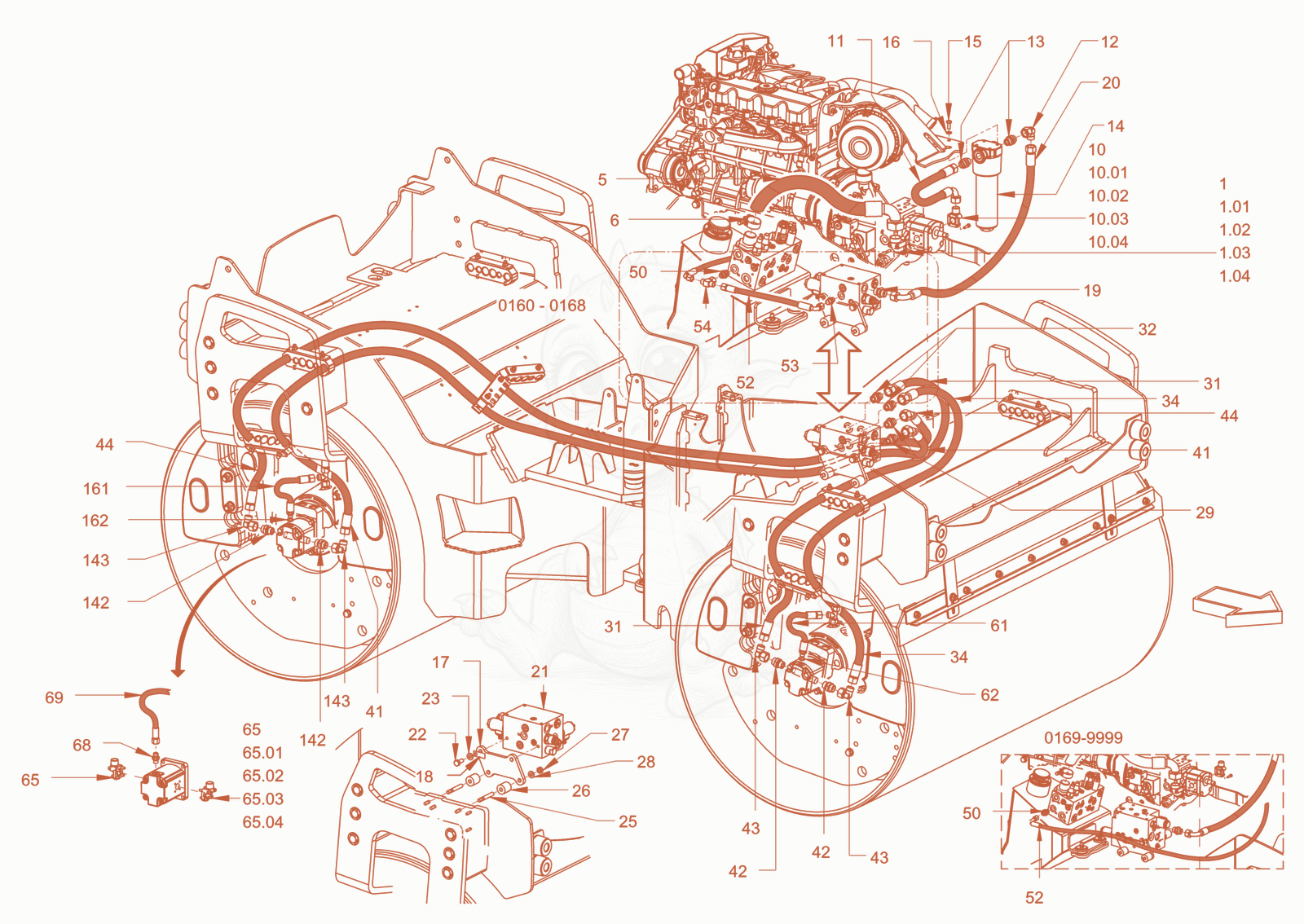 Exploded parts diagram of the vibration drive of a Wacker Neuson RD45-140OUS, with numbered balloons