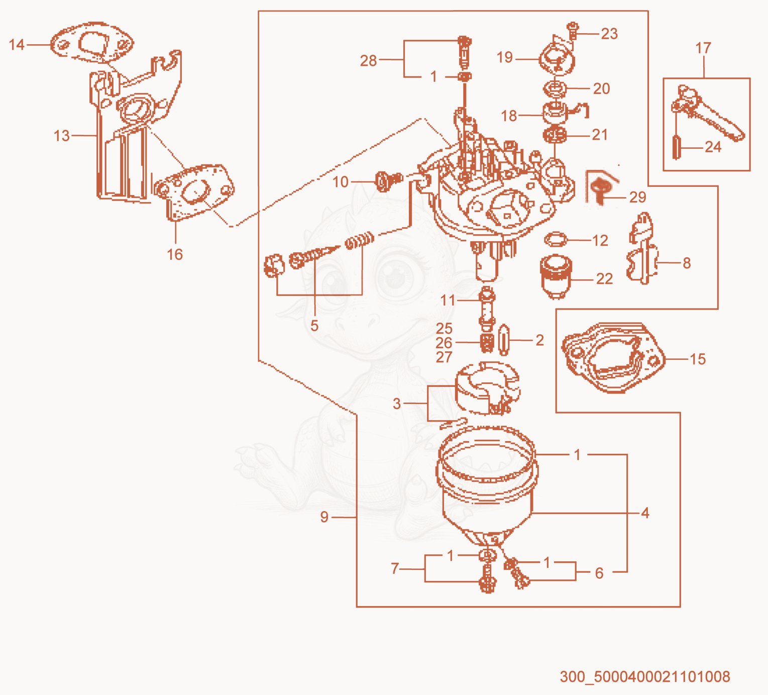 Despiece del Carburetor cpl. de una máquina Wacker Neuson WP1550AW-L, con globos numerados