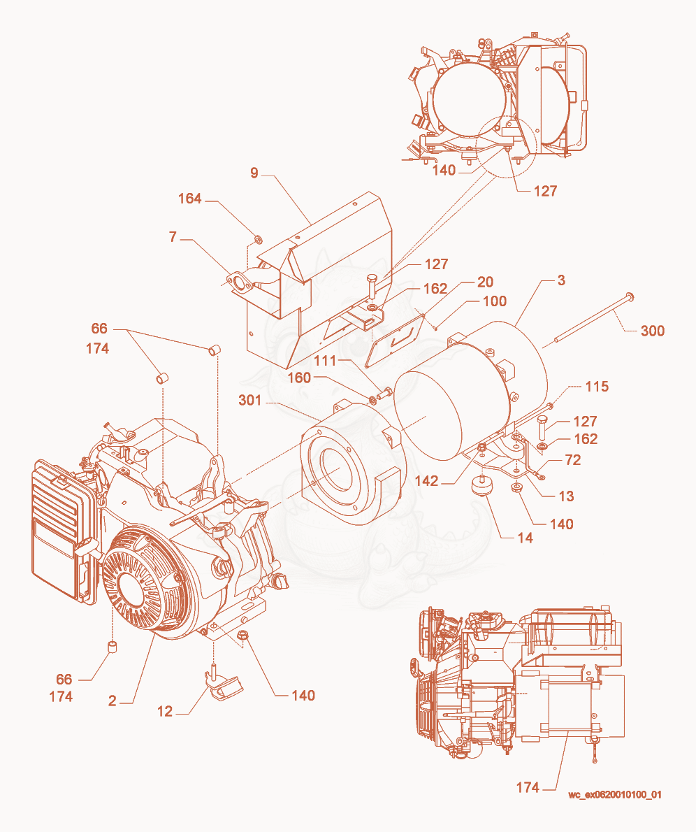Exploded parts diagram of the Engine/Generator cpl. of a Wacker Neuson GP5600A, with numbered balloons