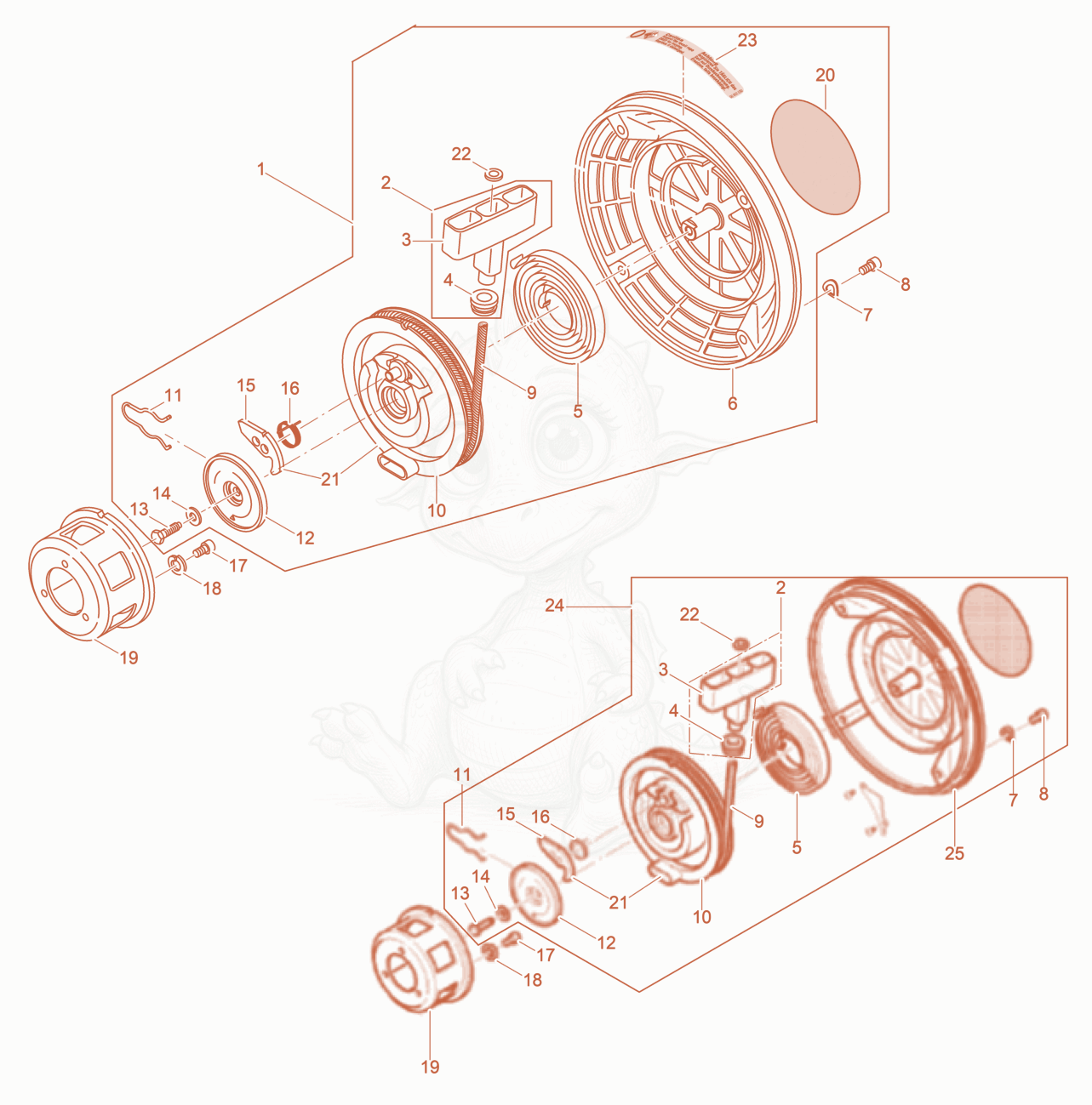 Exploded parts diagram of the Recoil starter of a Wacker Neuson DPU3750HETS, with numbered balloons