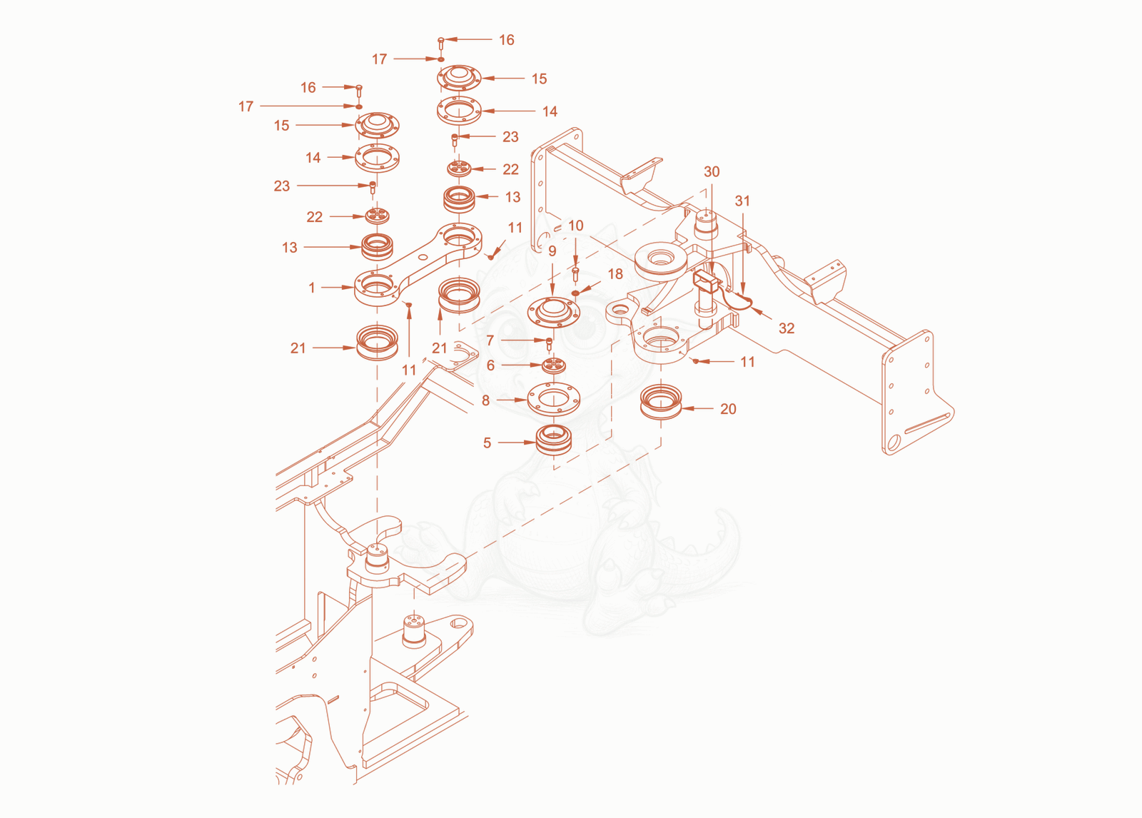 Exploded parts diagram of the centre pivot assembly of a Wacker Neuson RC50PDPFCAB, with numbered balloons