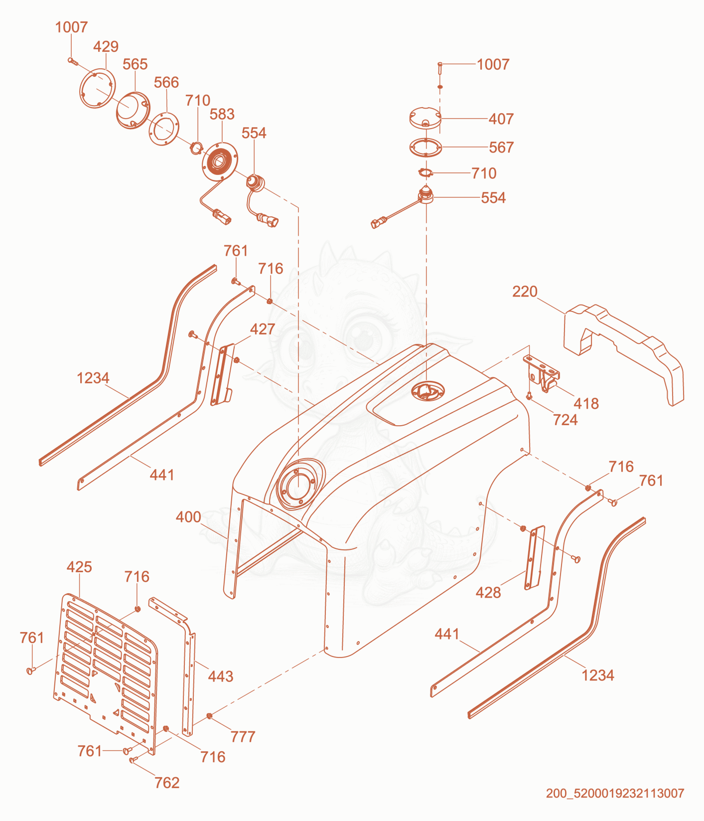 Exploded parts diagram of the Front Cover of a Wacker Neuson RTLX-SC3, with numbered balloons