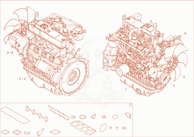 Despiece del diesel engine de una máquina Wacker Neuson 3503RD, con globos numerados