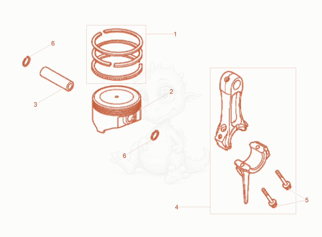 Exploded parts diagram of the Piston/Connecting rod of a Wacker Neuson BS70-4AS11IN, with numbered balloons
