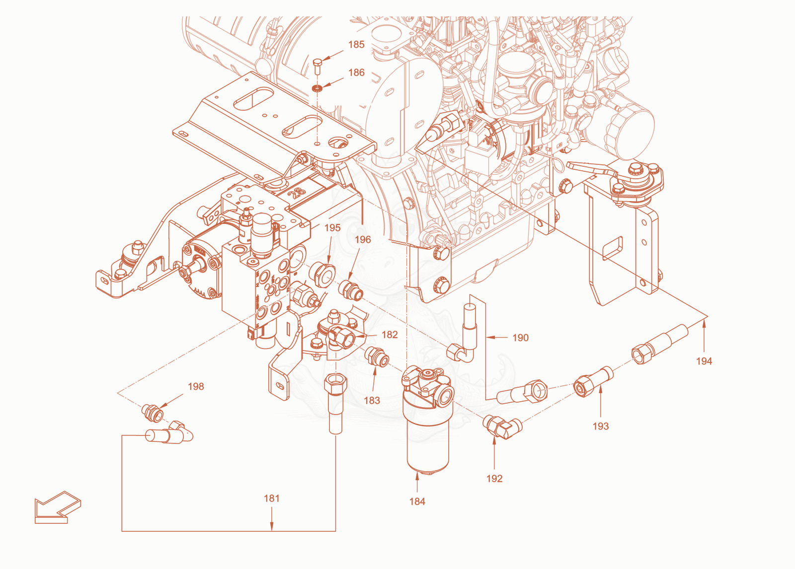 Exploded parts diagram of the drive hydraulics of a Wacker Neuson RD28-120DPF, with numbered balloons