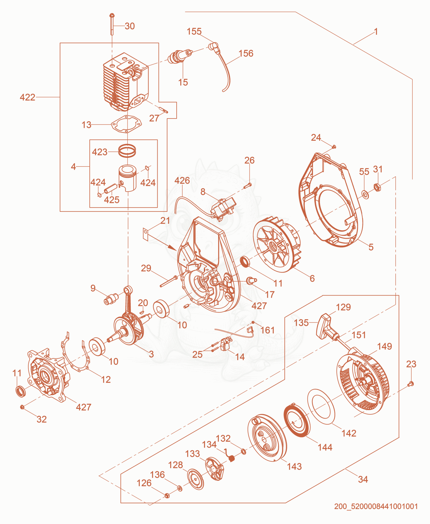 Exploded parts diagram of the Engine-WM 80-oi of a Wacker Neuson BS60-2I, with numbered balloons
