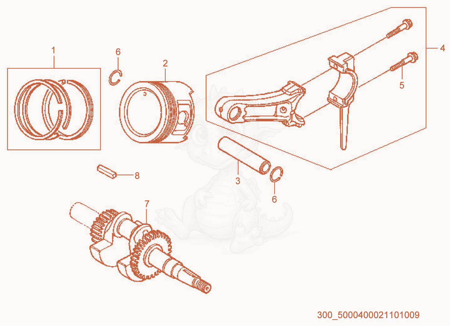 Despiece del Piston/Crankshaft de una máquina Wacker Neuson WP2050A, con globos numerados