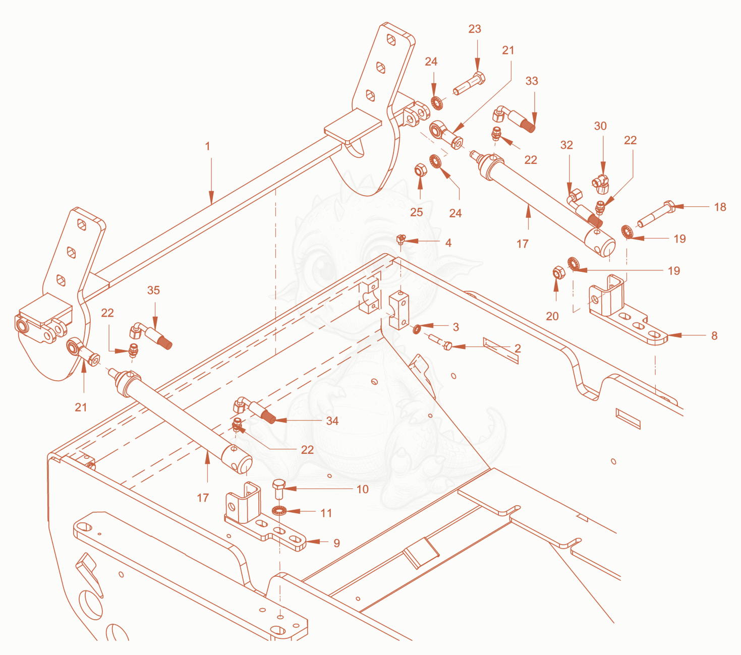 Exploded parts diagram of the tilting hydraulic of a Wacker Neuson RC110PUSROPS, with numbered balloons