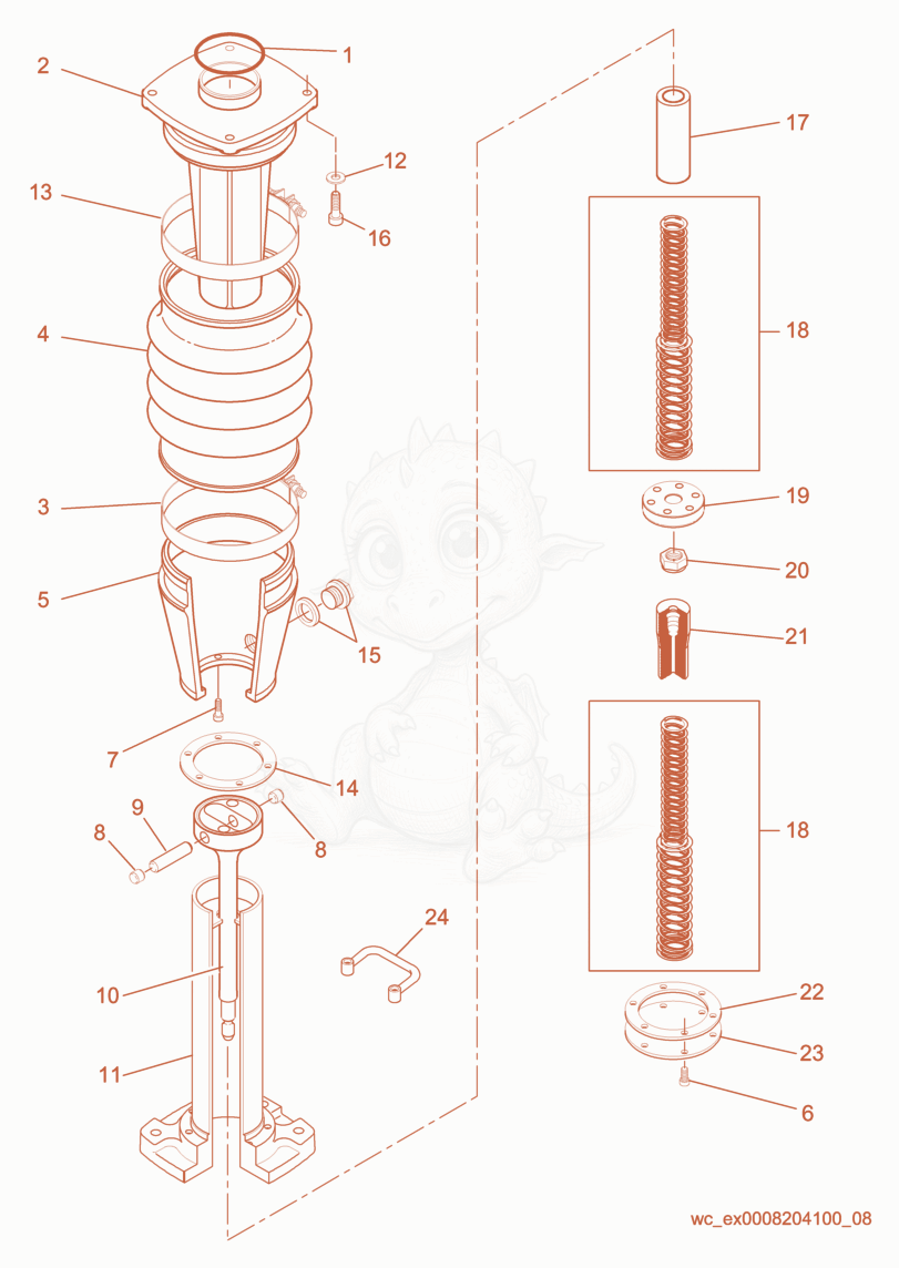 Despiece del Guide Cylinder cpl. de una máquina Wacker Neuson BS700, con globos numerados