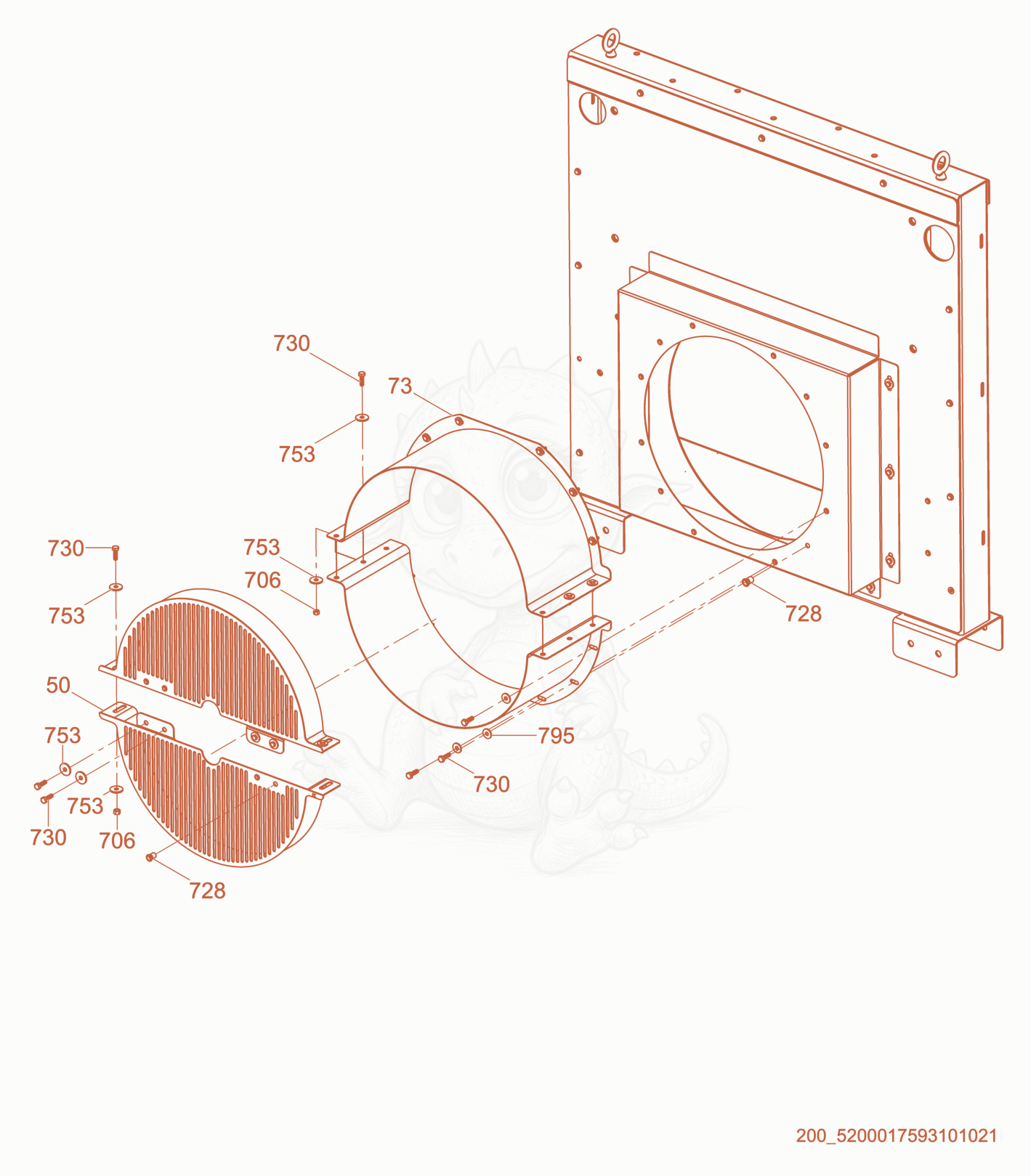 Despiece del Fan Guard de una máquina Wacker Neuson HIF600, con globos numerados