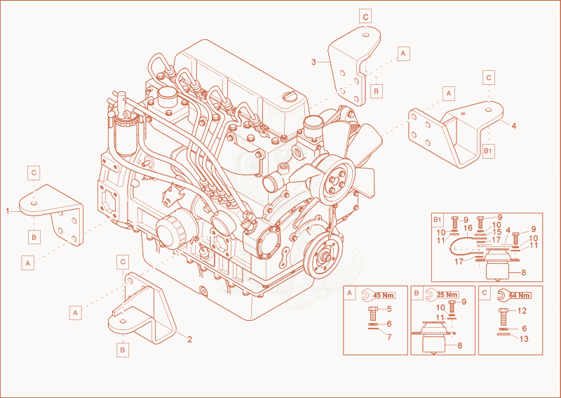 Exploded parts diagram of the Engine bedding of a Wacker Neuson 5002RD, with numbered balloons