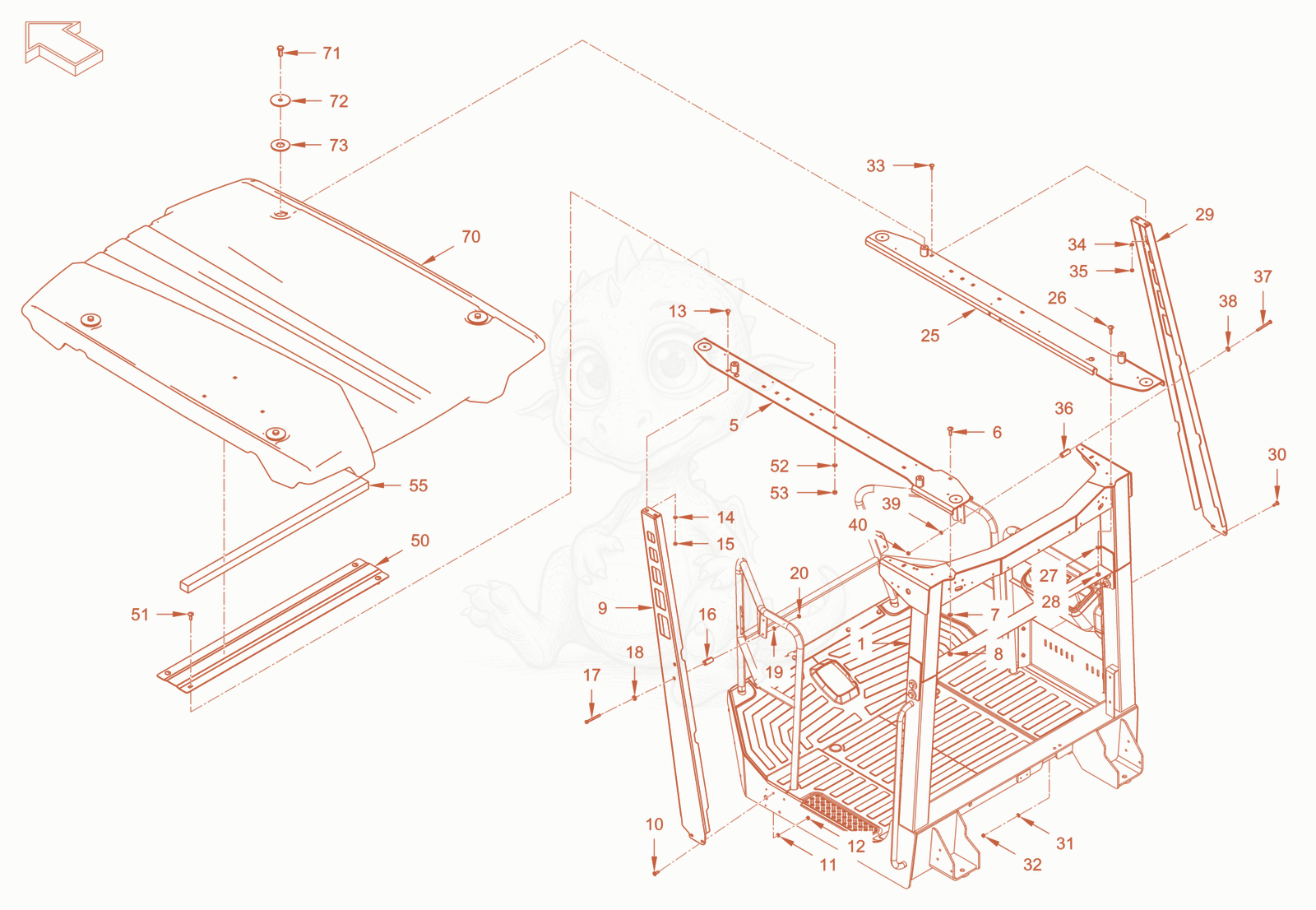 Exploded parts diagram of the protective roof of a Wacker Neuson RC110CAB, with numbered balloons