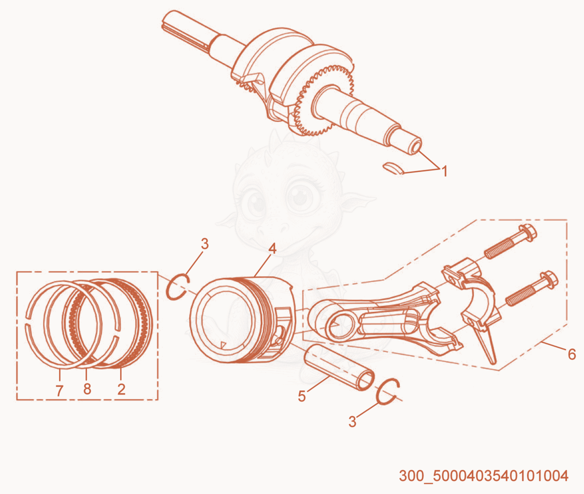 Despiece del Crankshaft/Piston de una máquina Wacker Neuson MP15, con globos numerados