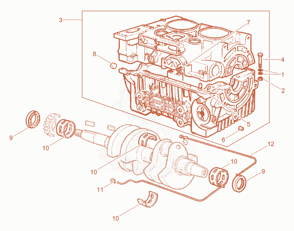 Despiece del Crankcase de una máquina Wacker Neuson DPU100-70, con globos numerados