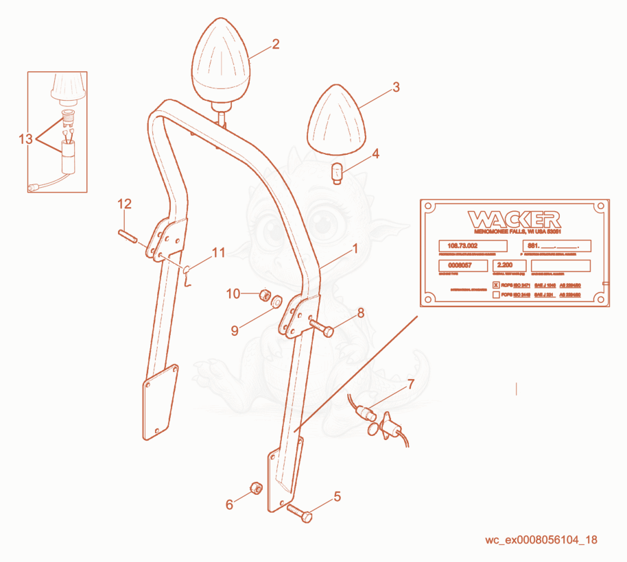 Despiece del ROPS cpl. de una máquina Wacker Neuson RD10, con globos numerados