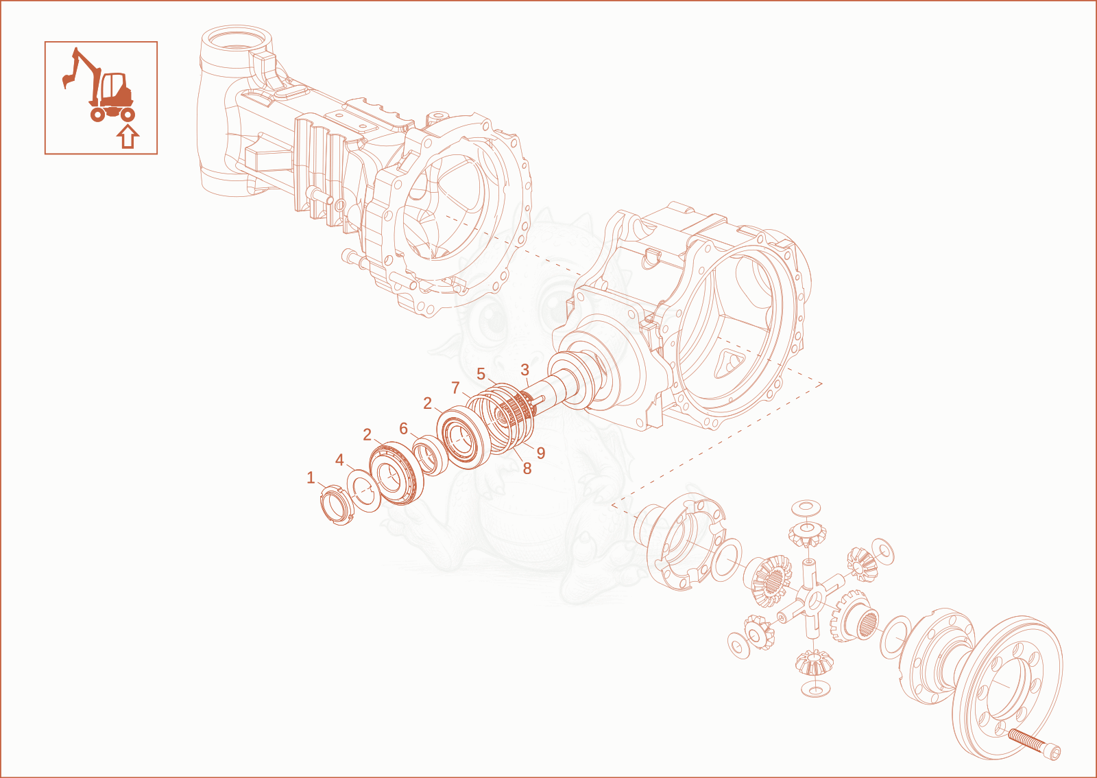 Exploded parts diagram of the differential rigid axle of a Wacker Neuson EW65, with numbered balloons
