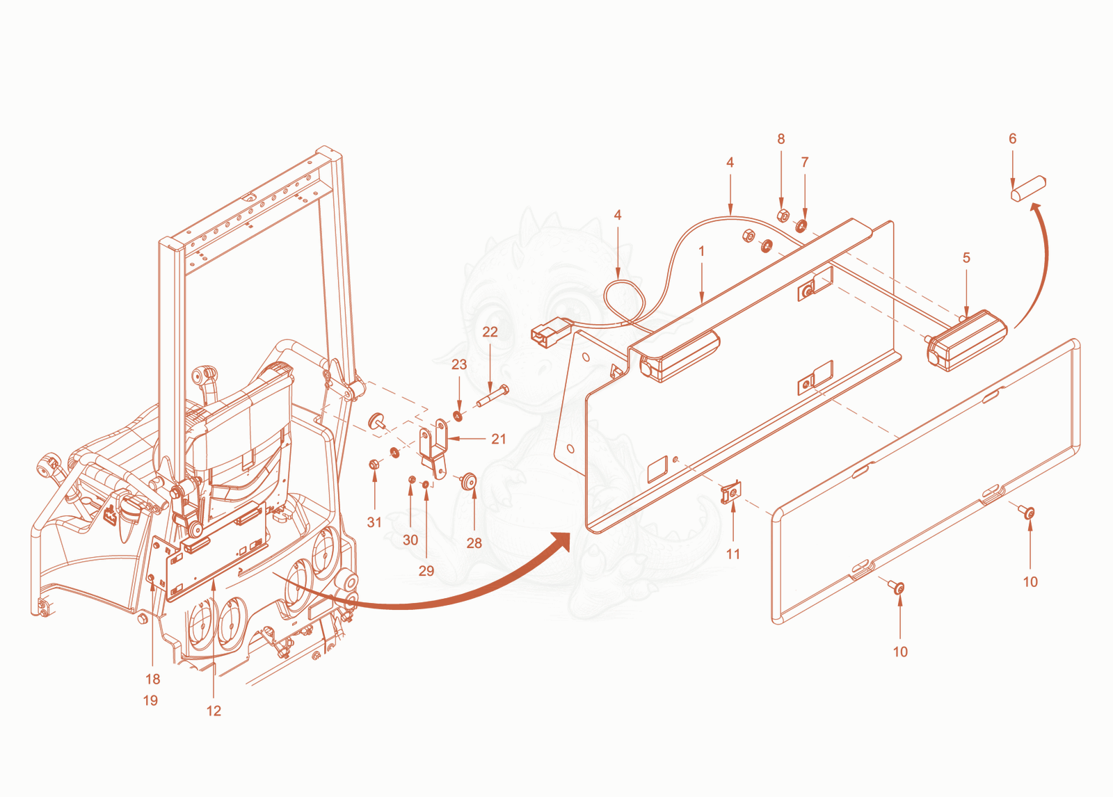 Exploded parts diagram of the number plate holder of a Wacker Neuson RD18-100C, with numbered balloons