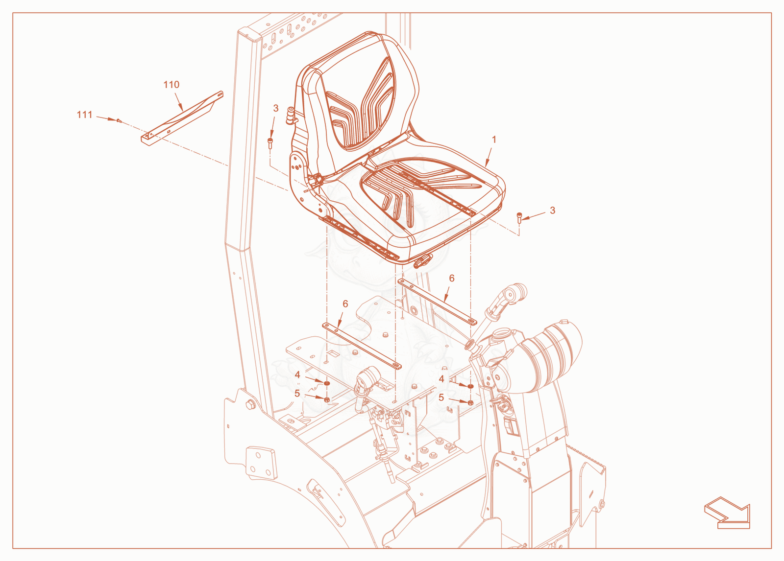 Exploded parts diagram of the operator's seat with adjustment of a Wacker Neuson RD18-100C.3, with numbered balloons