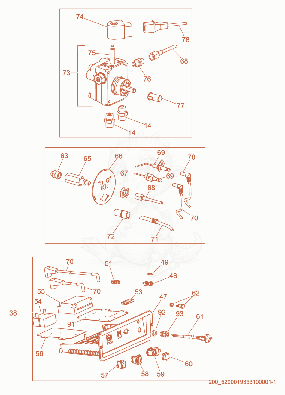 Exploded parts diagram of the Fuel Pump/Control Panel/Burner of a Wacker Neuson HD50, with numbered balloons