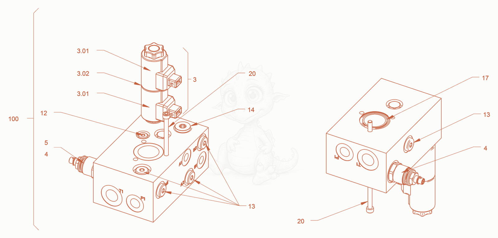 Exploded parts diagram of the valve block (edge pressing and cutting device) of a Wacker Neuson RD24-100C, with numbered balloons