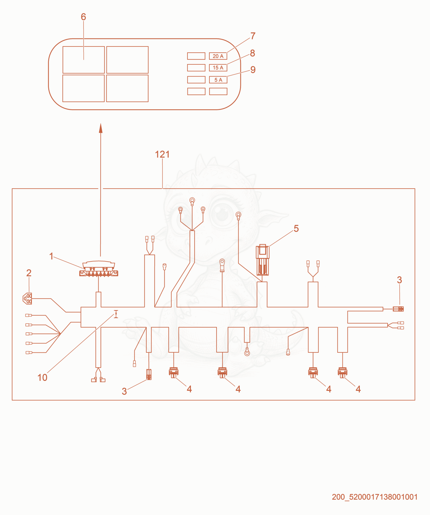 Exploded parts diagram of the Wiring harness/Fuse box of a Wacker Neuson CRT48-35V-PS, with numbered balloons