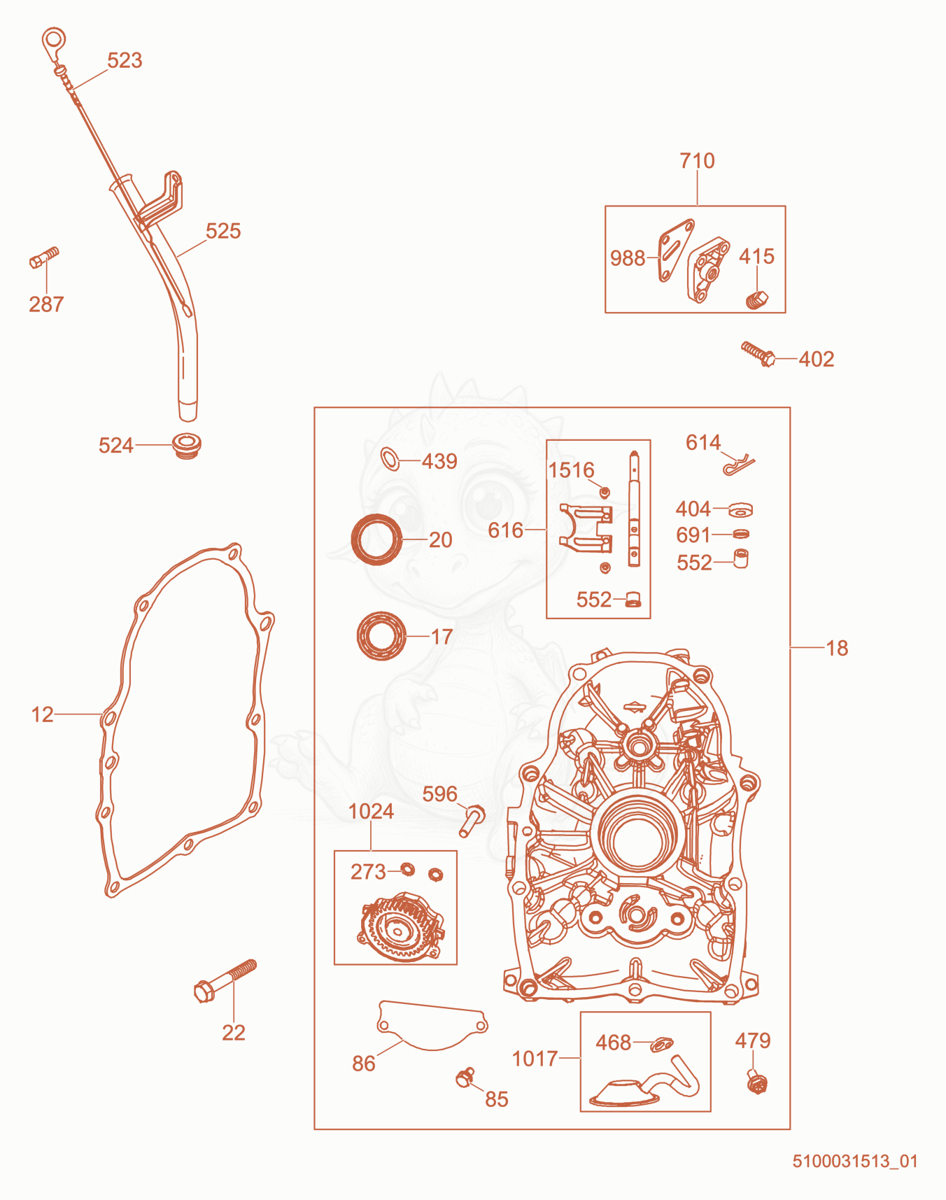 Exploded parts diagram of the Crankcase of a Wacker Neuson PTS4V, with numbered balloons