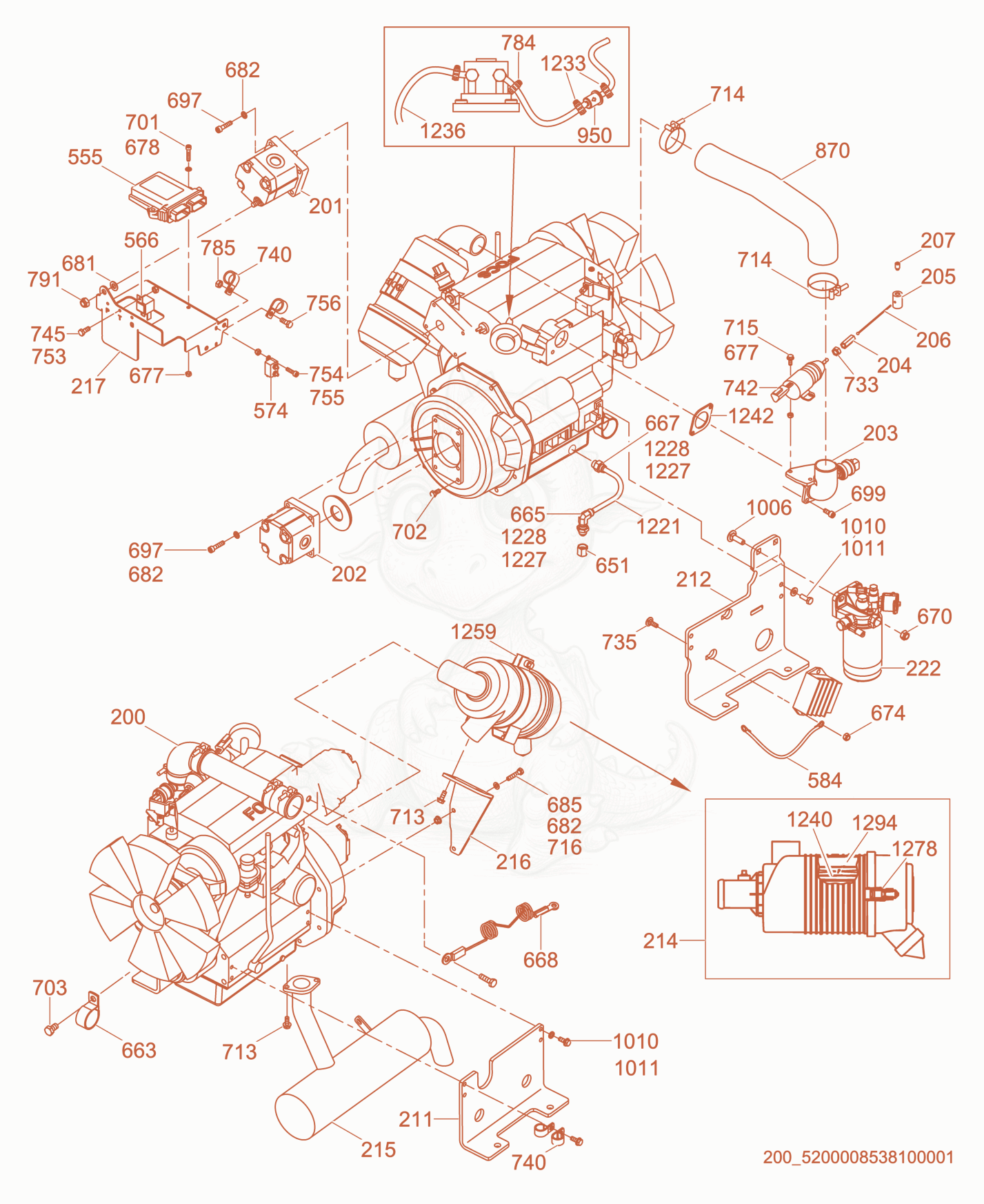 Exploded parts diagram of the Engine Compartment of a Wacker Neuson RT56-SC2EU, with numbered balloons