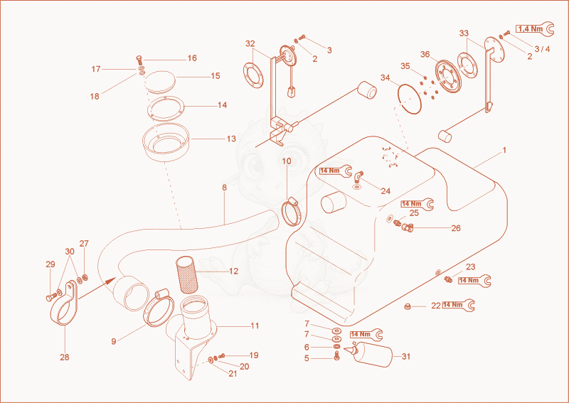 Exploded parts diagram of the fuel tank of a Wacker Neuson 3503RD, with numbered balloons