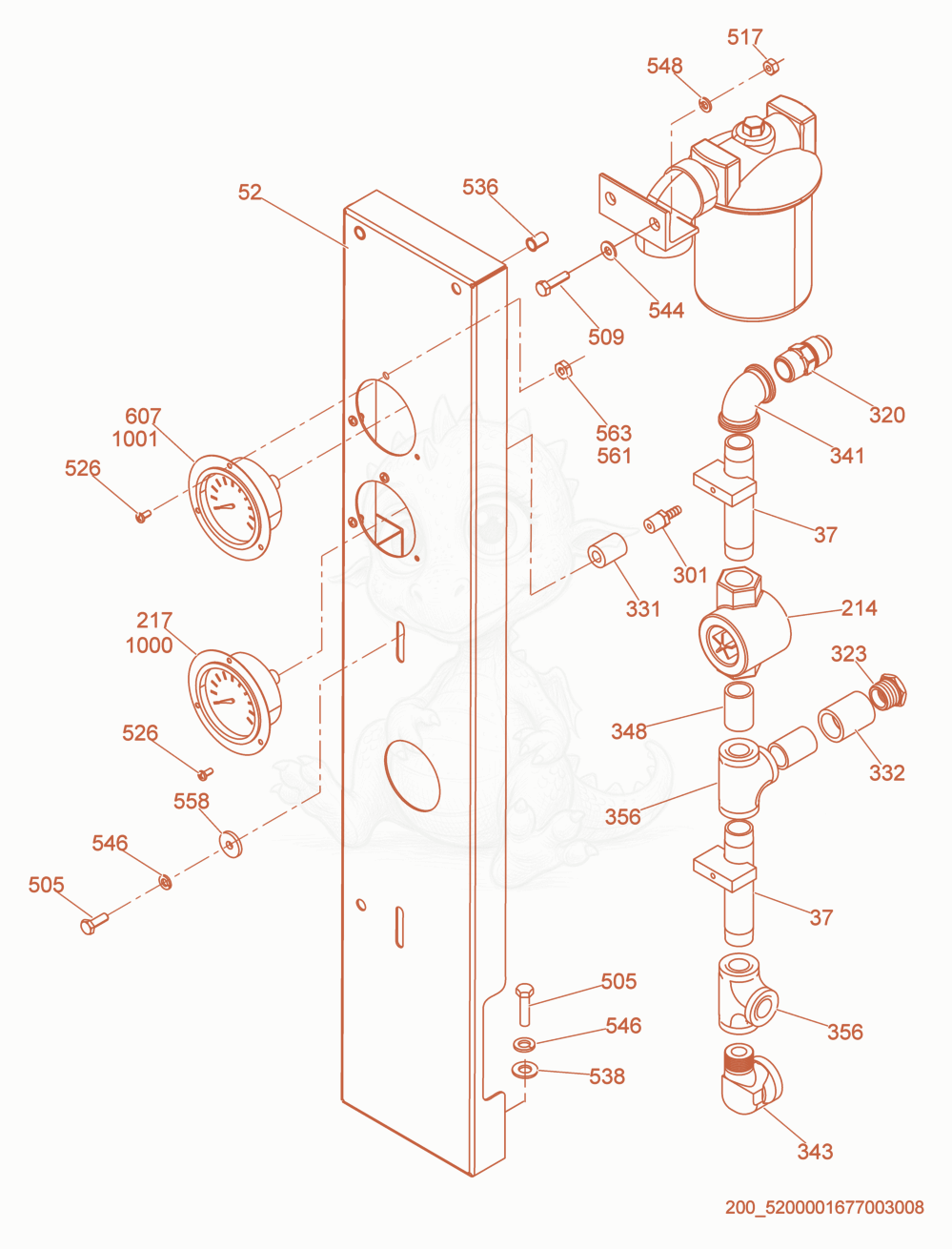 Exploded parts diagram of the Center panel cpl. of a Wacker Neuson HSH350, with numbered balloons