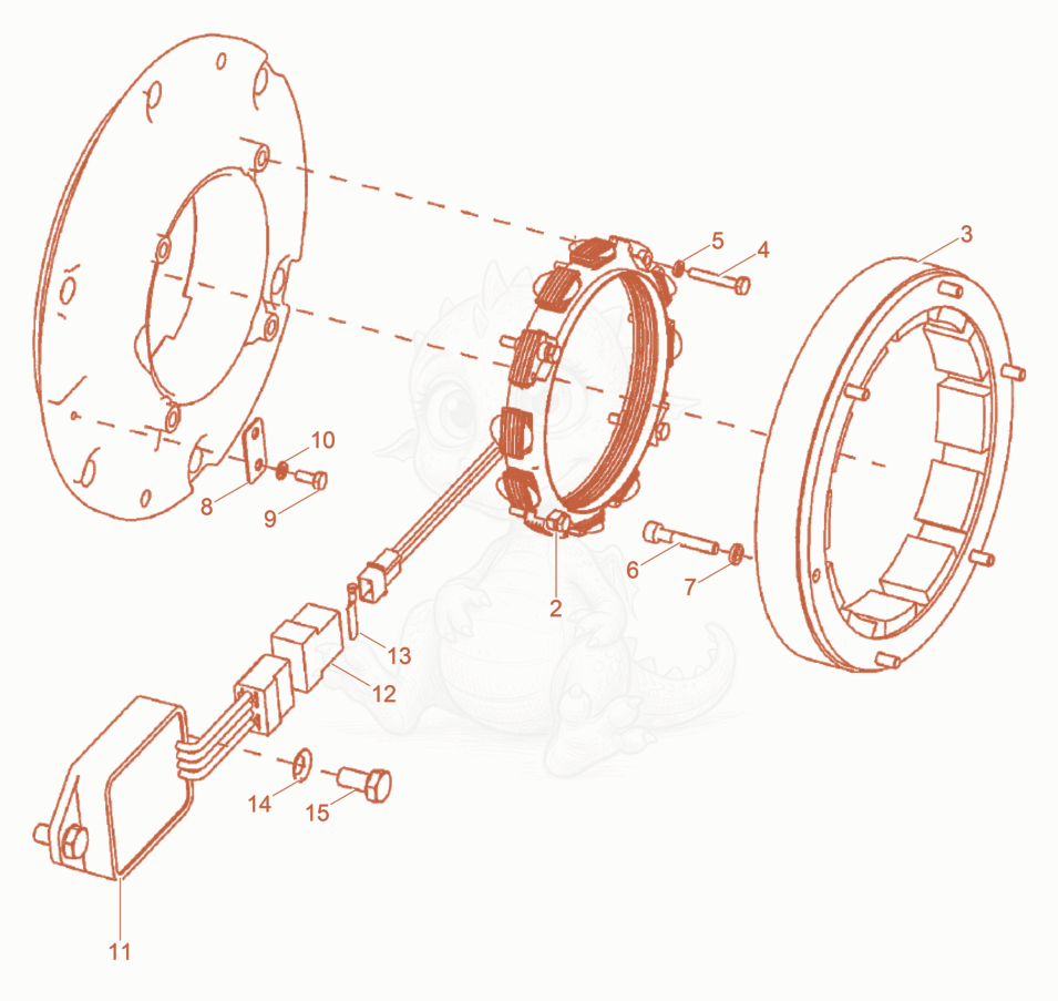 Despiece del Alternator de una máquina Wacker Neuson DPU7060FET, con globos numerados