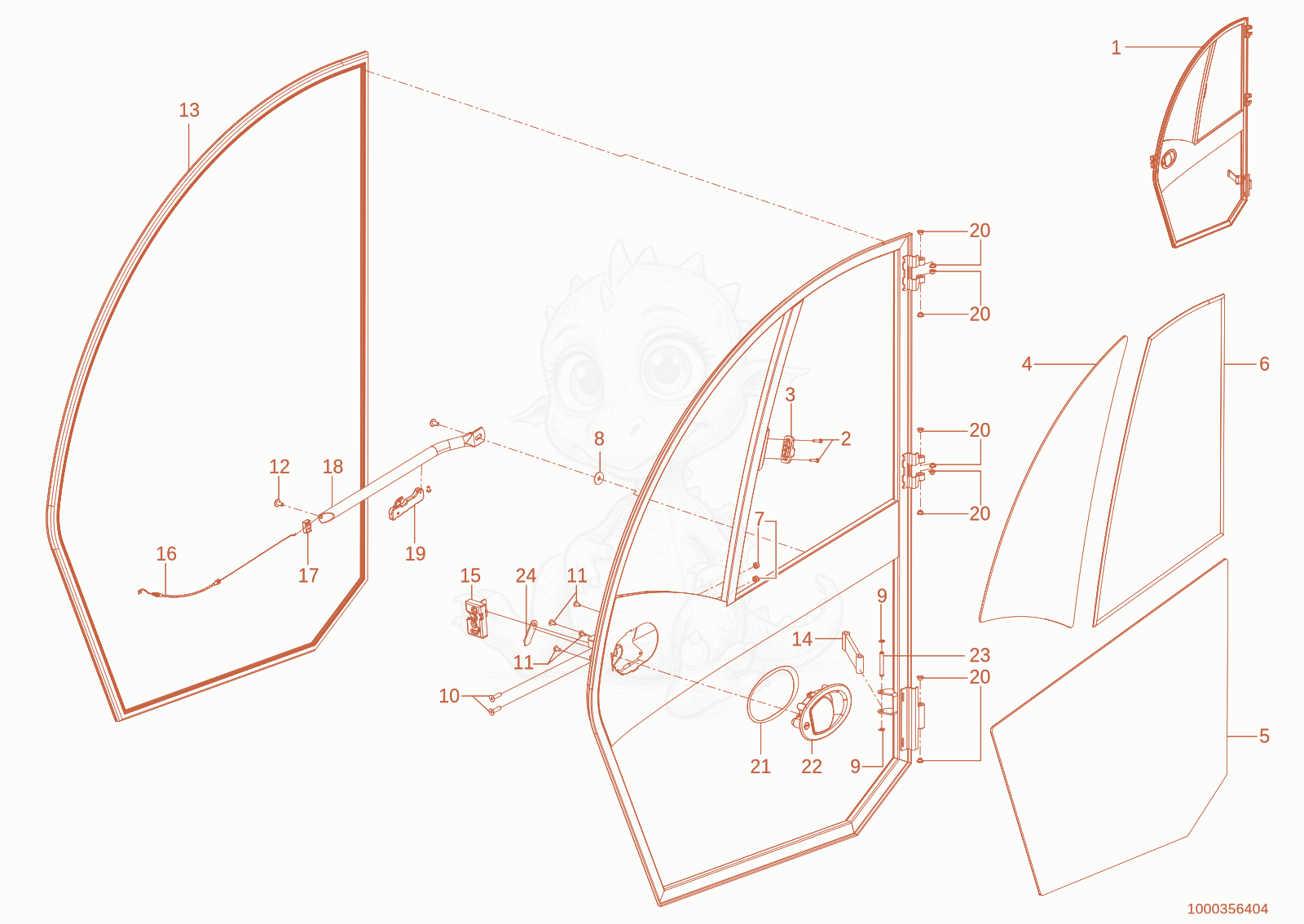 Exploded parts diagram of the Cab door of a Wacker Neuson TH627(418-22), with numbered balloons