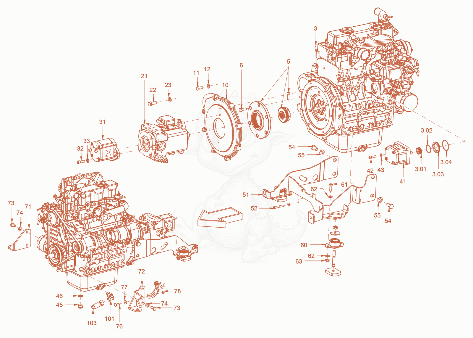 Exploded parts diagram of the pump drive and engine assembly of a Wacker Neuson RD24-100OUS, with numbered balloons