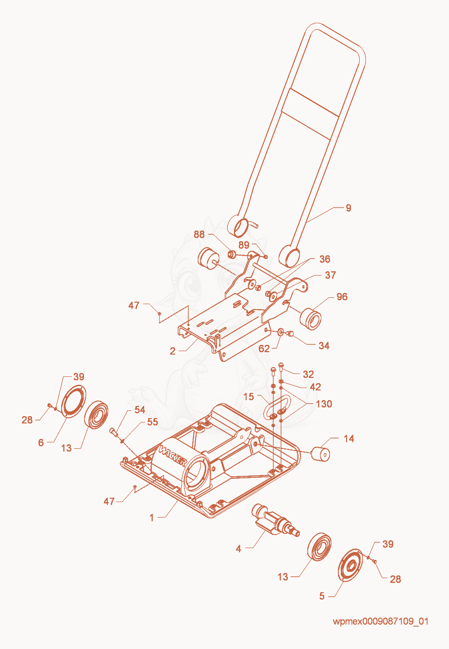 Despiece del Baseplate/Console cpl. de una máquina Wacker Neuson VP2050Y, con globos numerados