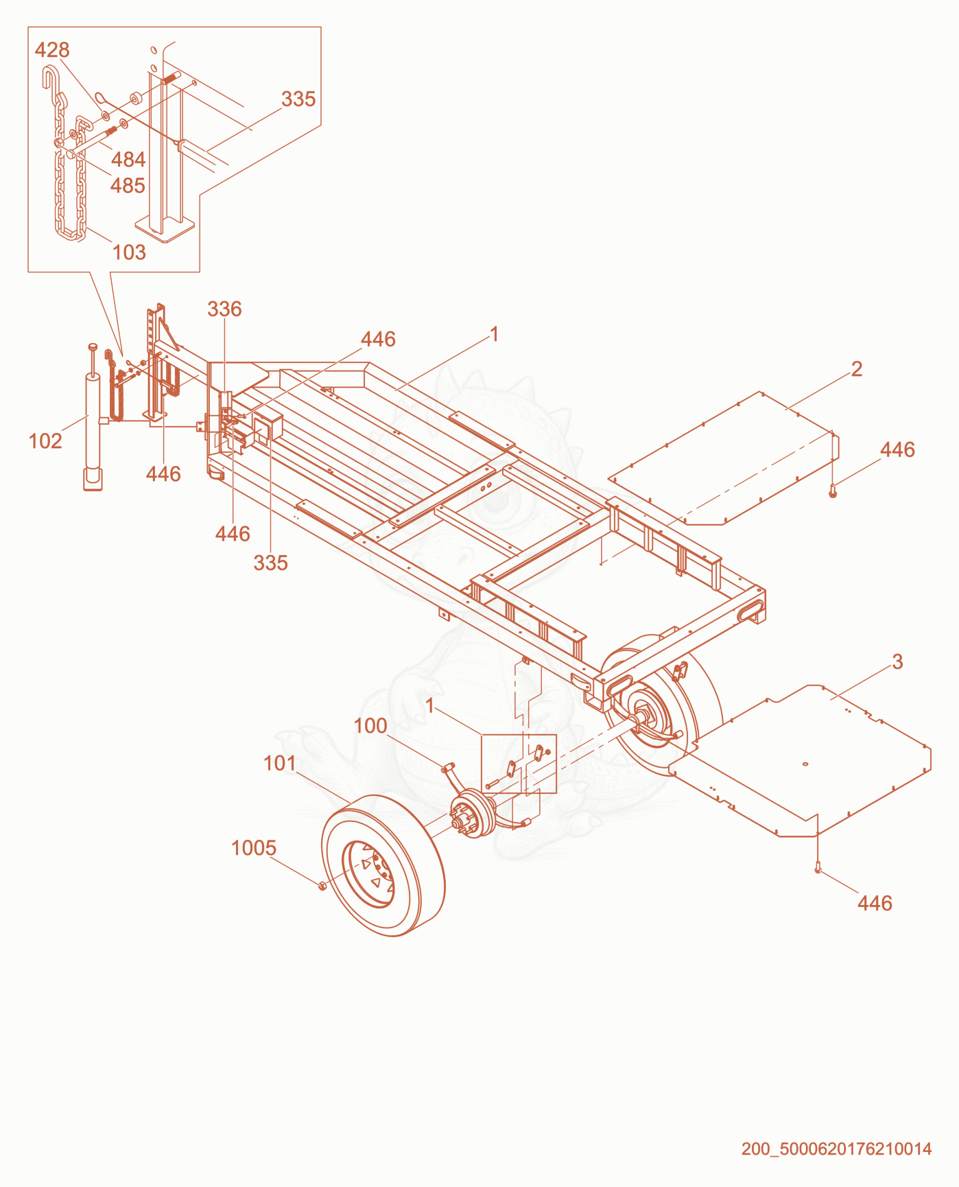 Exploded parts diagram of the Trailer cpl. of a Wacker Neuson E3000ES, with numbered balloons