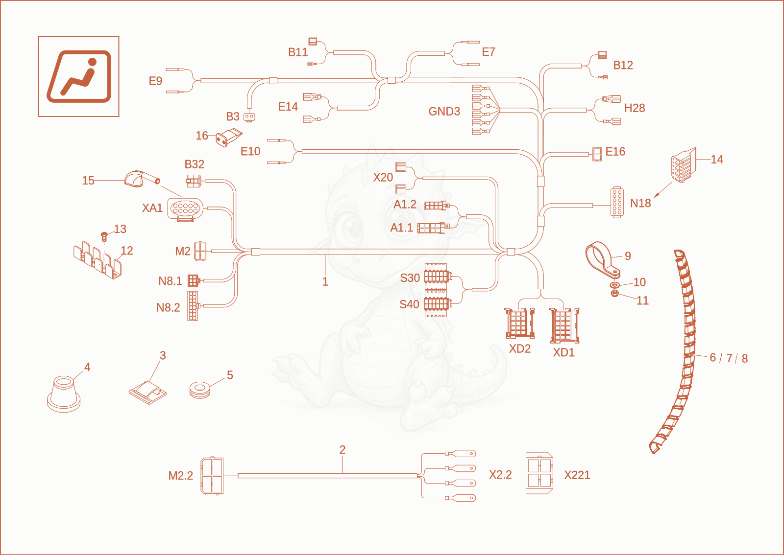 Exploded parts diagram of the wiring harness roof of a Wacker Neuson EW65, with numbered balloons