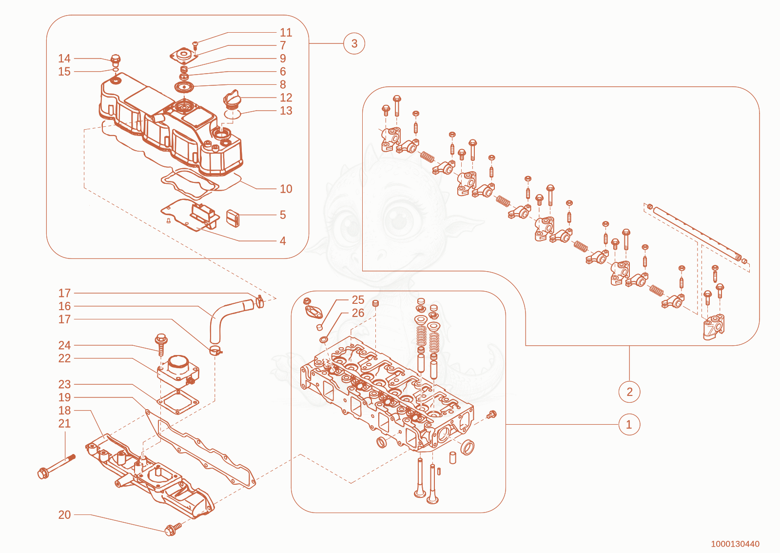 Exploded parts diagram of the cylinder head of a Wacker Neuson 280, with numbered balloons
