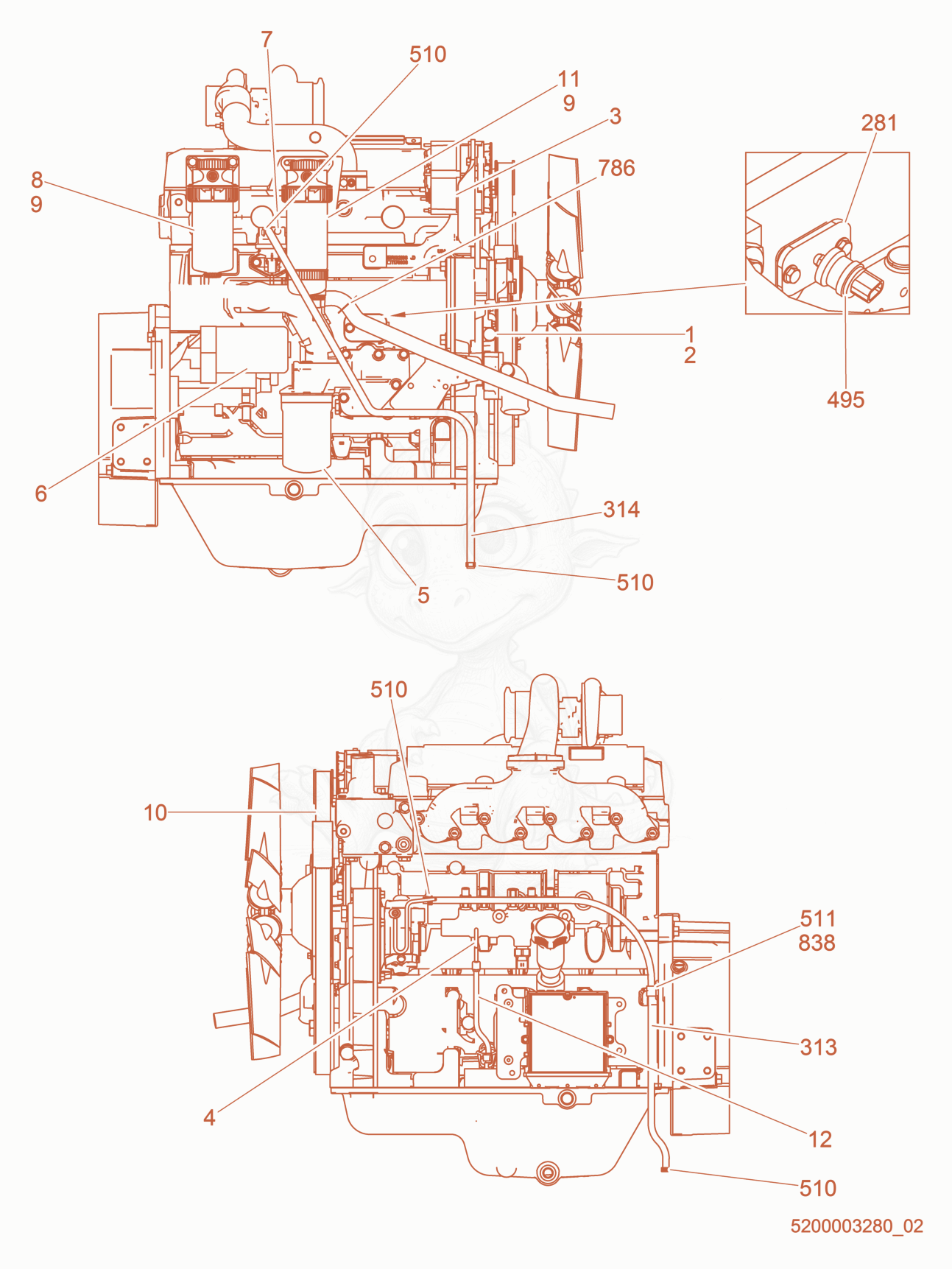 Exploded parts diagram of the Engine-Deere of a Wacker Neuson G70, with numbered balloons