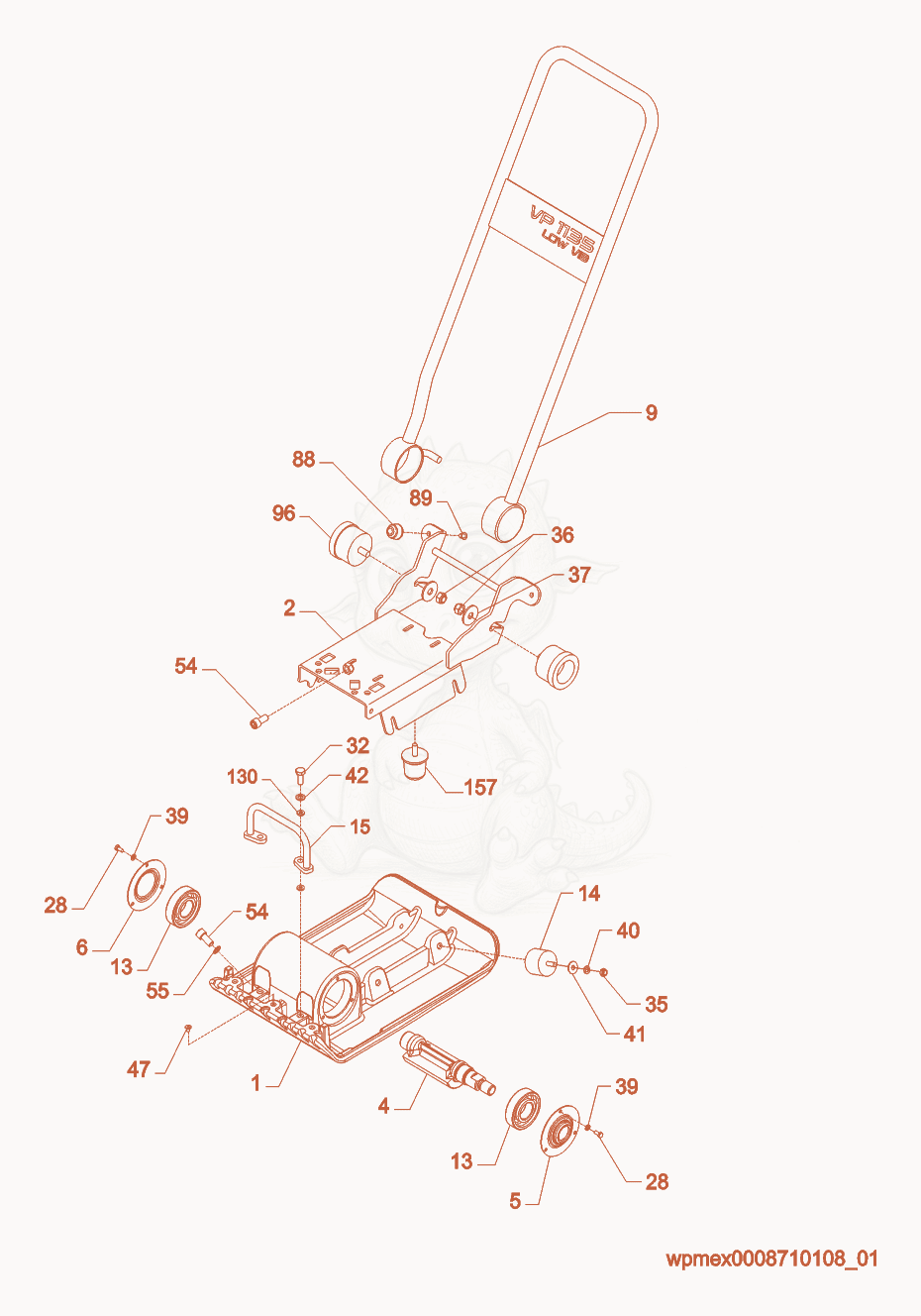 Exploded parts diagram of the Baseplate/Console cpl. of a Wacker Neuson VP1135(RAW), with numbered balloons
