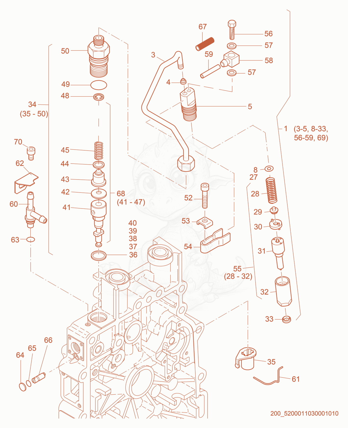 Exploded parts diagram of the Injection Equipment of a Wacker Neuson DS70, with numbered balloons