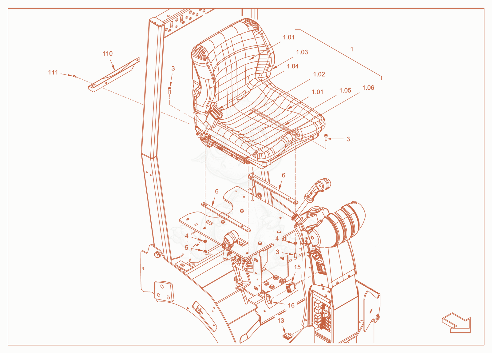 Exploded parts diagram of the operator's seat with adjustment of a Wacker Neuson RD18-100C.3, with numbered balloons