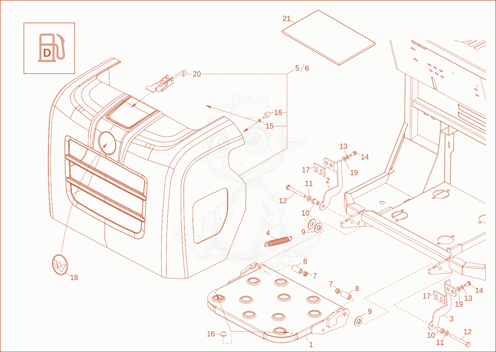 Exploded parts diagram of the step plate of a Wacker Neuson DT08, with numbered balloons