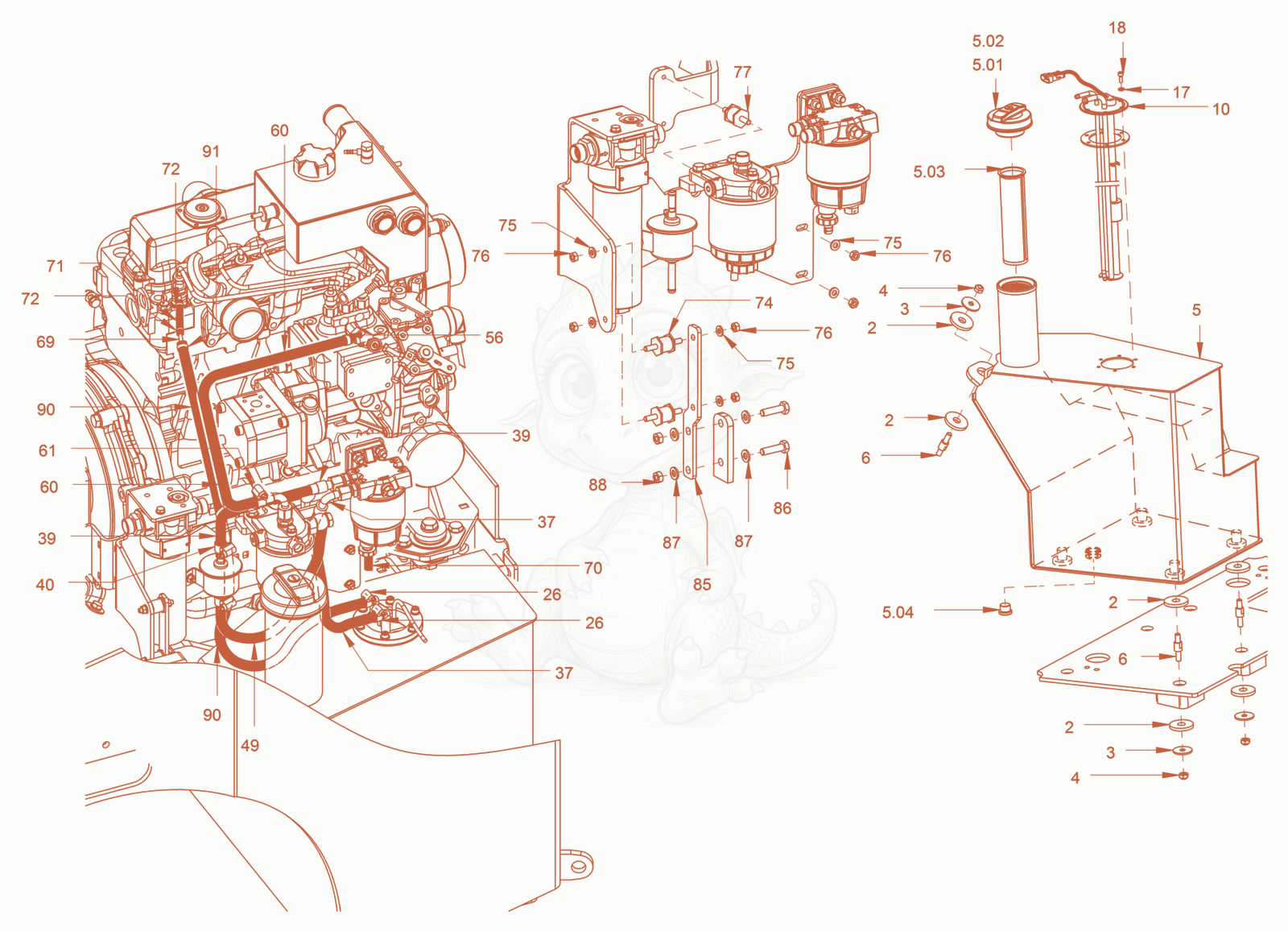 Exploded parts diagram of the fuel system of a Wacker Neuson RD24-100C, with numbered balloons