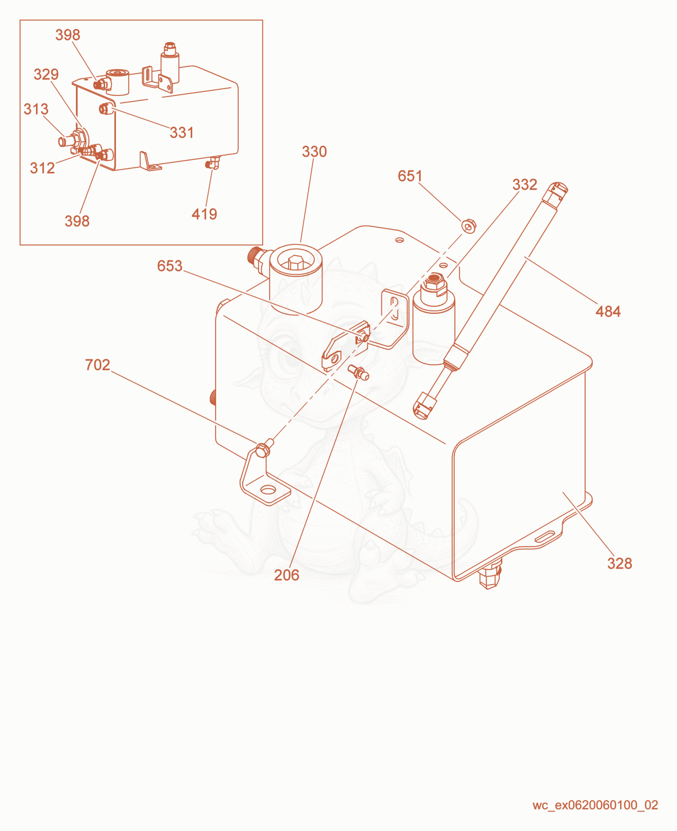 Exploded parts diagram of the Hydraulic Tank of a Wacker Neuson RD16-100, with numbered balloons